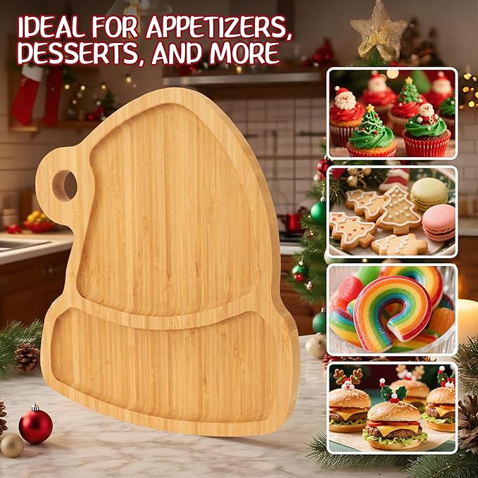 WILLKOMMEN Christmas Serving Tray, Bamboo Christmas Hat Shaped Serving Platter, Charcuterie Board Serving Dishes 10" x 9" for Party Cookie Fruit Tray Cheese Board Plate