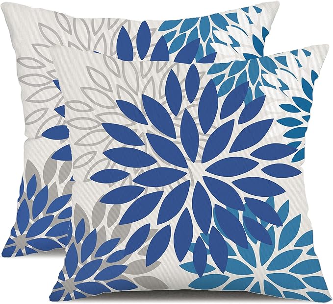 DFXSZ Blue Flower Pillow Covers 18x18 Inch Set of 2 Dark and Light Blue Colored Pillow Farmhouse Outdoor Waterproof Decor for Patio Funiture Garden Summer Floral Square Polyester Pillow Covers 002E18