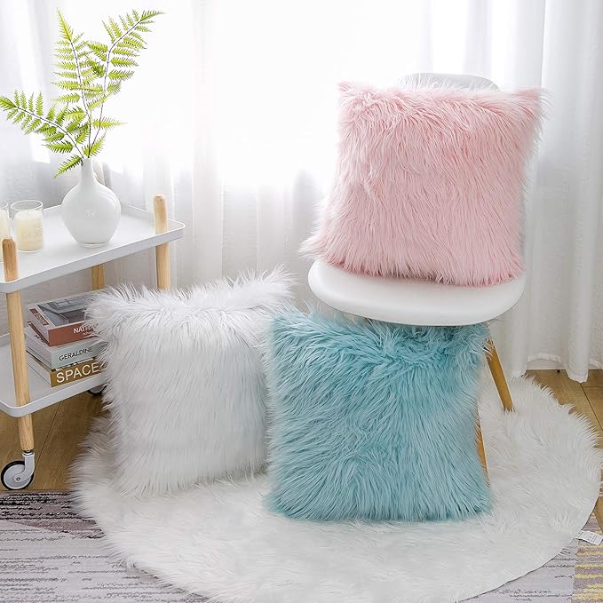 WLNUI Set of 2 Pink Christmas Decorative Fluffy Pillow Covers New Luxury Series Merino Style Blush Faux Fur Throw Pillow Covers Fuzzy Cushion Case for Sofa Bedroom Living Room Home Decor 16x16 Inch