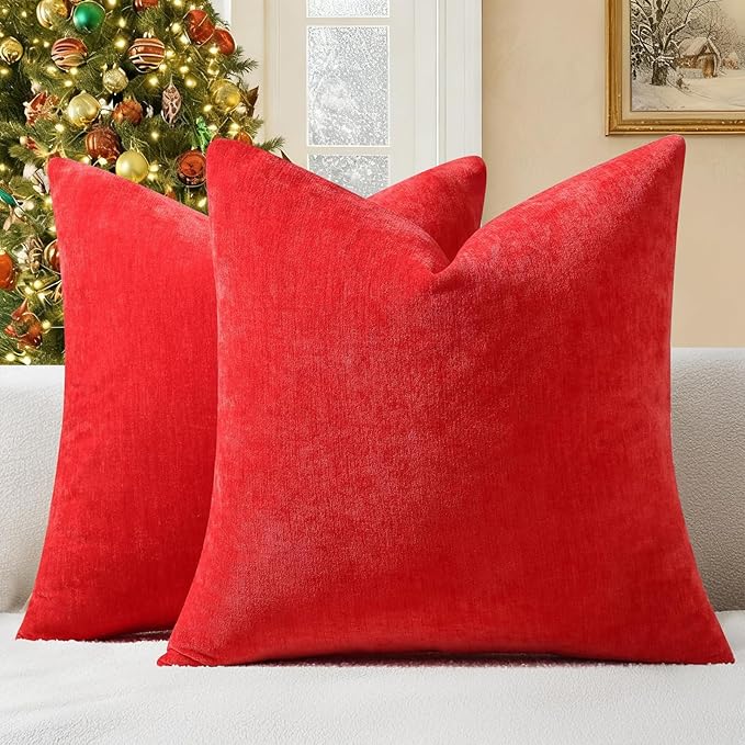 decorUhome Chenille Red Throw Pillow Covers 20x20 Inch Set of 2, Decorative Soft Couch Pillow Covers Solid Dyed Accent Velvet Farmhouse Neutral Square Christmas Pillow Cases for Sofa Bed Living Room