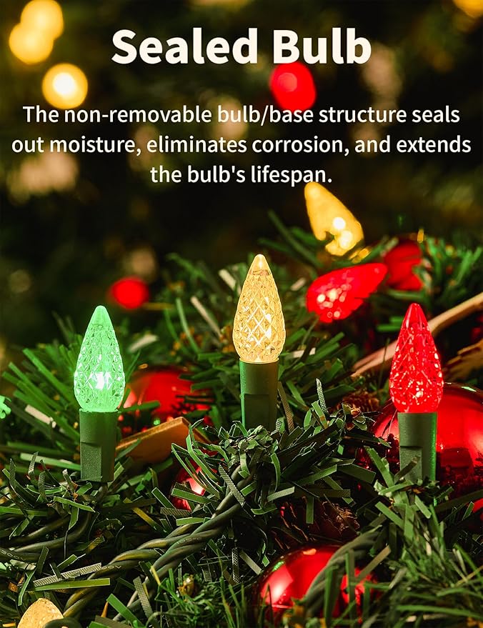 BOHON Red White and Green Christmas Lights, Faceted C6 17ft 50 LED String Lights Plug in, Extendable Green Wire Mini String Lights for Outdoor Indoor Xmas Tree Decoration Waterproof UL Certified
