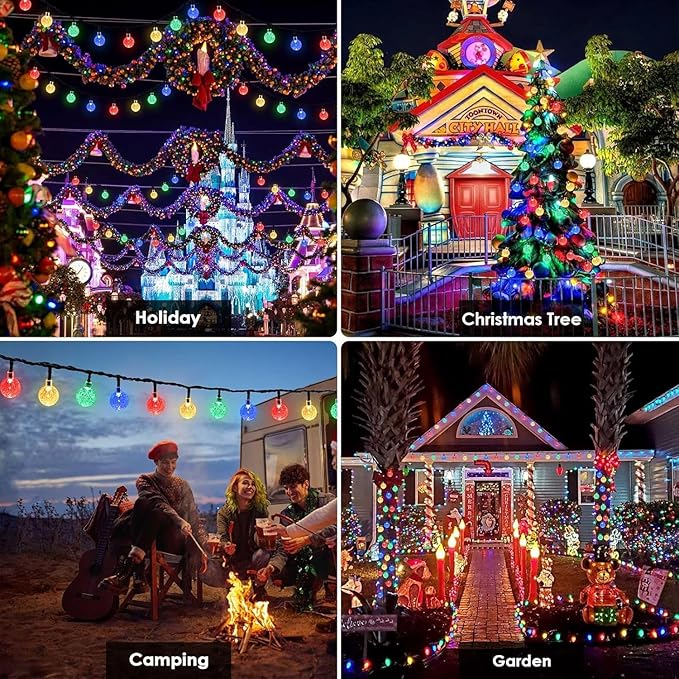 Multicolor Solar Christmas String Lights Outdoor, 2-Pack 100 LED 64FT Crystal Globe Solar Lights Outdoor Waterproof with 8 Lighting Modes, Christmas Decorations for Xmas Tree Wedding Patio Party