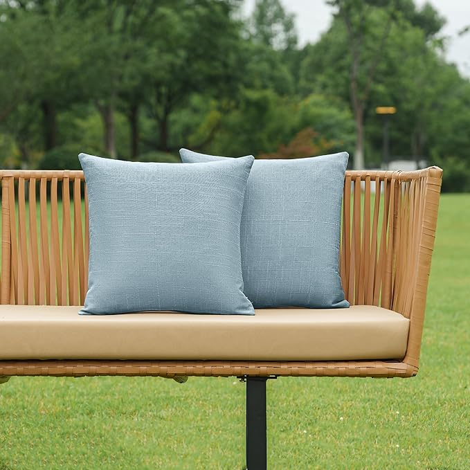 NiNi ALL Pack of 2 Decorative Outdoor Waterproof Pillow Covers Square Garden Linen Textured Cushion Sham Throw Pillowcase Set of 2 for Patio Farmhouse Garden Tent Couch 18x18 Inch Light Blue
