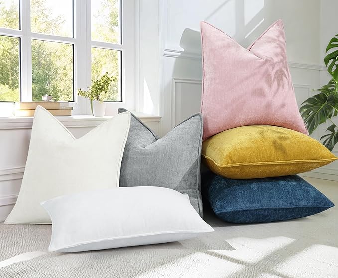 decorUhome Couch Throw Pillow Covers 16x16 Set of 2, Decorative Soft Euro Neutral Chenille Pillow Covers with Elegant Design for Sofa Bed Living Room Home Decor, Cream White