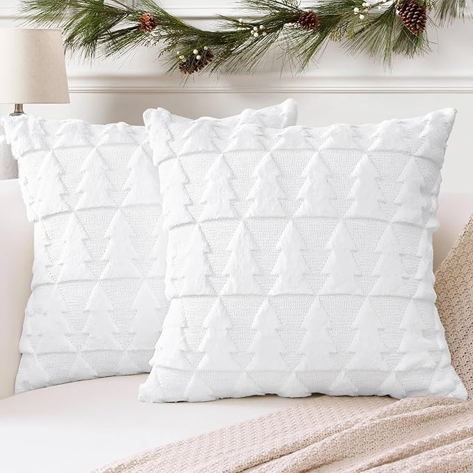 OTOSTAR Set of 2 Xmas Soft Plush Short Wool Velvet Decorative Throw Pillow Covers Square Luxury Style Cushion Case Pillow Shell for Sofa Bedroom Christmas Tree White, 18x18 Inch