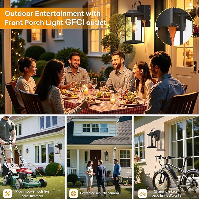 17 Inch Dusk to Dawn Outdoor Lighting with GFCI Outlet, Large Porch Light Lantern Plug Outlet Modern Black Outdoor Sconce Lighting, IP65 Waterproof Outside Light Wall Mounted Coach Light