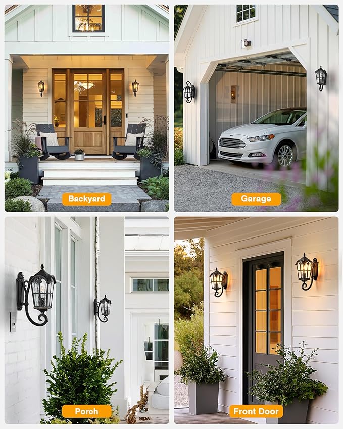VIANIS Outdoor Lights for Porch, Black Dusk to Dawn Outside Lighting with Gold Trim, Porch Lights Outdoor with Tempered Water Ripple Glass for Garden, Patio, Entryway, Waterproof Anti-Rust