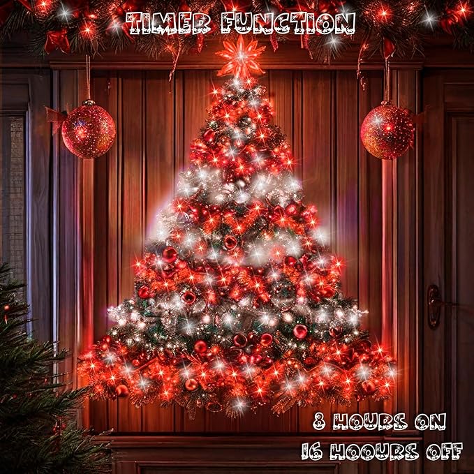 66Ft 200 LED Christmas Fairy Lights Plug in, Waterproof String Lights Outdoor & Indoor 8 Modes with Timer Bedroom Decor, Twinkle Lights for Bedroom Party Christmas Decorations (Red and Cool White)