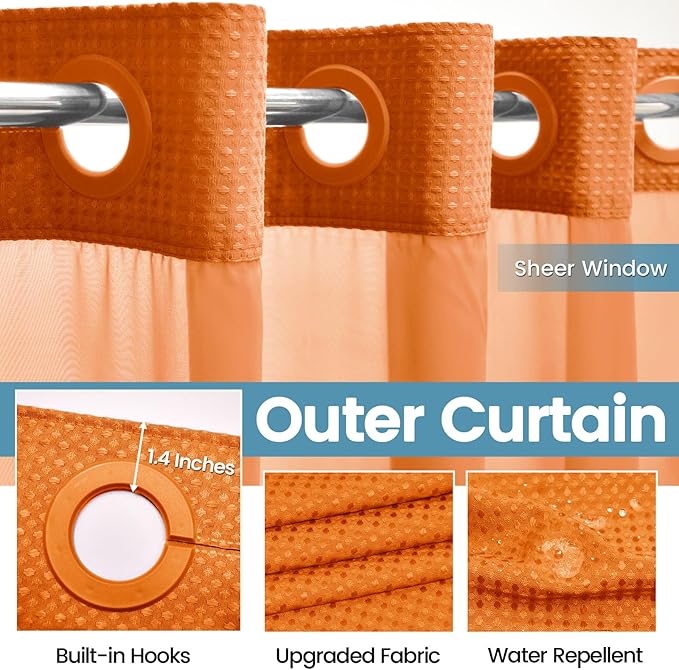 Burnt Orange Long No Hook Shower Curtain with Snap in Liner,230GSM Waffle Weave Shower Curtains for Bathroom,71W x 86H