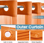 Burnt Orange Long No Hook Shower Curtain with Snap in Liner,230GSM Waffle Weave Shower Curtains for Bathroom,71W x 86H