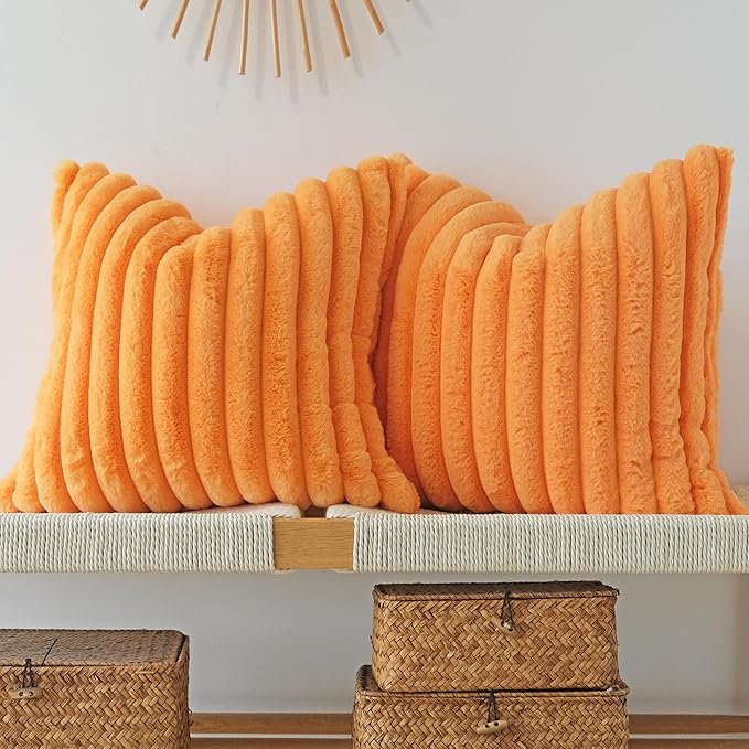 JOJUSIS Pack of 2 Faux Fur Plush Decorative Throw Pillow Covers Couch Cushion Case Soft Pillowcases (Orange, 20 x 20-Inch)