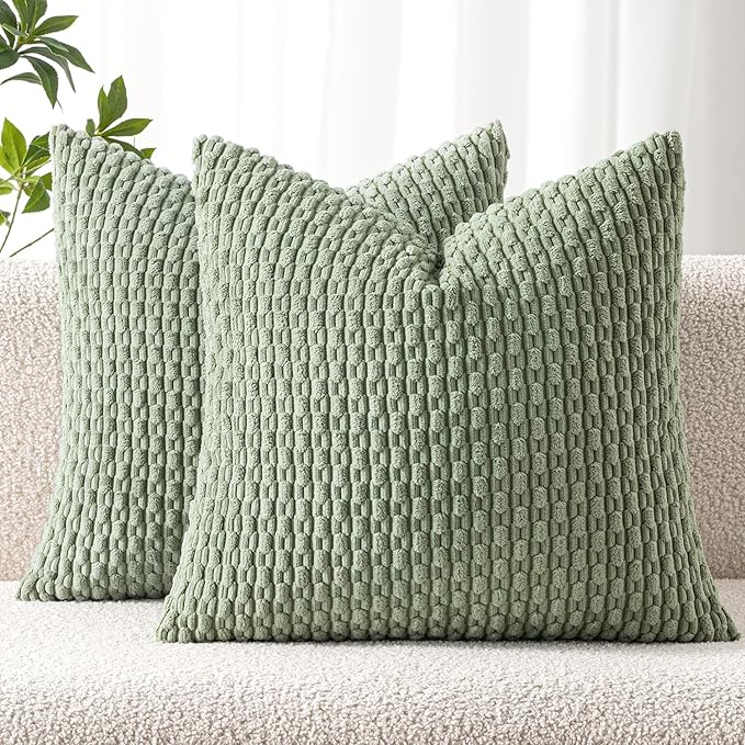 MIULEE Pack of 2 Decorative Throw Pillow Covers 24x24 Inch Soft Boho Striped Textured Corduroy Pillow Covers Modern Farmhouse Home Decor for Couch Bed Sofa Living Room Sage Green