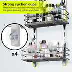 Orimade Shower Caddy Adjustable Height 4 Tier Silver,Bathroom Hanging Over the Door Organizer Shelf Rustproof with 4 Hooks,Shower Basket with Soap Holder and Suction Cup