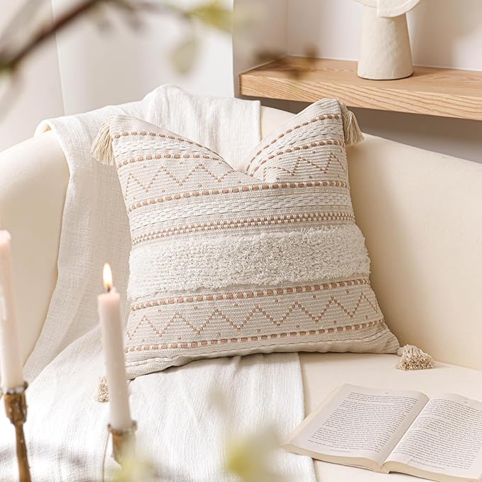 BlissBlush Decorative Throw Pillow Cover 18x18 Square Cream Neutral White Boho Accent Pillowcase Tassels Farmhouse Cushion for Couch Sofa Bedroom Living Room Home Décor (Cover ONLY, Pack of 1)