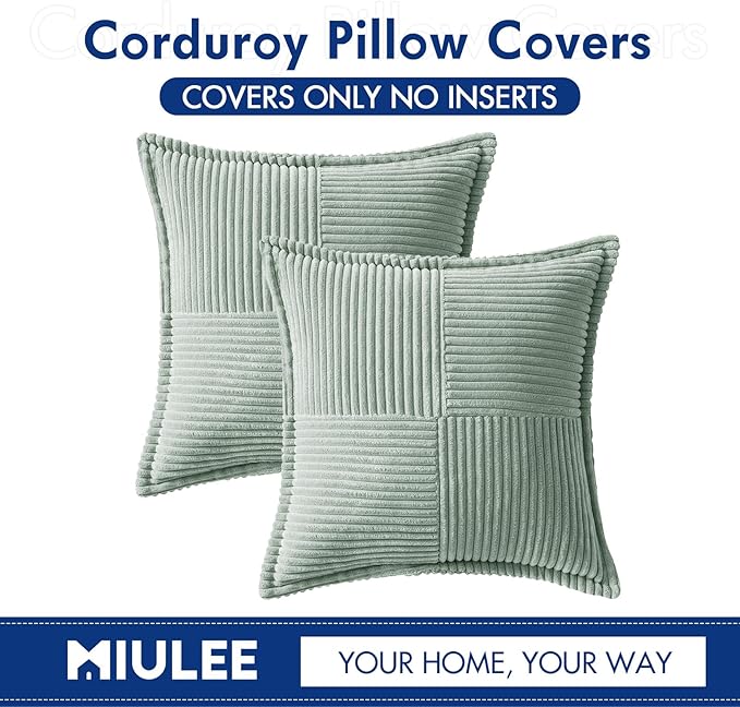 MIULEE Decorative Throw Pillow Covers for Couch Bed Livingroom 18x18 Inch Set of 2 Greyish Green Boho Accent Throw Pllows Broadside Striped Patchwork Soft Corduroy Summer Pillowcases