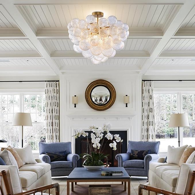 Semi Flush Mount Bubble Ball Chandelier 24" Clear Swirled Ribbed Blown Glass Globe Gold Chandeliers Ceiling Light Fixture for Dining Living Room Bathtub Bathroom