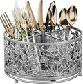 360° Rotating Utensil Caddy - Silverware Cutlery Caddy Holder with 4 Compartment, Metal Flatware Organizer Countertop with Handle for Party Camping Picnic, Kitchen Counter, Office (Silver)