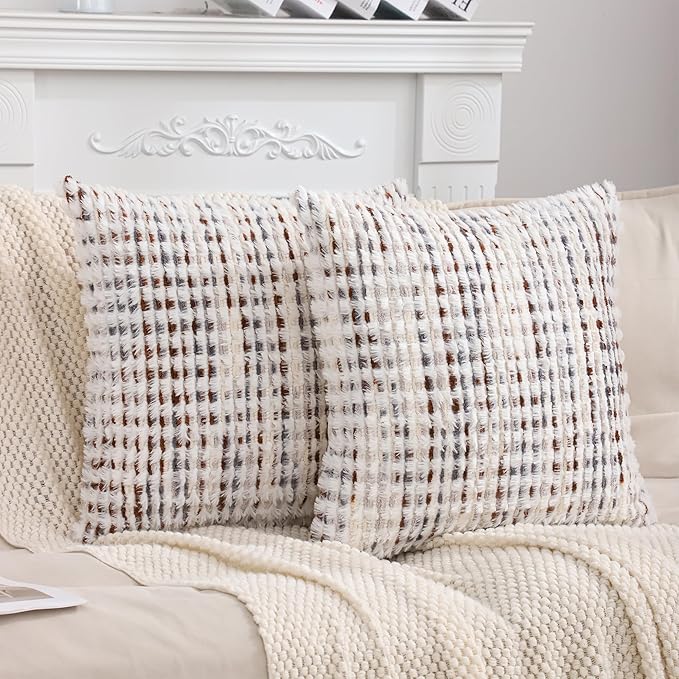 LUOYEHK Boho Throw Pillow Covers 20x20 Inch Set of 2 Farmhouse Neutral Pillow Covers Chenille Tufted Pillowcase for Couch Sofa Bed Living Room, Brown White