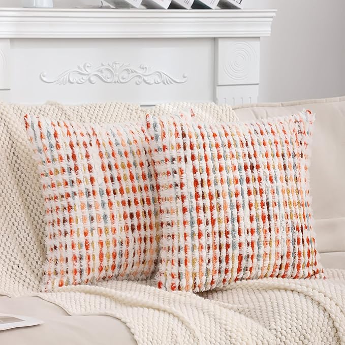 LUOYEHK Boho Throw Pillow Covers 18x18 Inch Set of 2 Chenille Tufted Pillowcase Farmhouse Neutral Cushion Covers for Couch Sofa Bed Living Room, Orange Red
