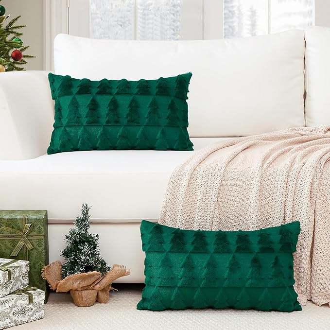 OTOSTAR Set of 2 Xmas Soft Plush Short Wool Velvet Decorative Throw Pillow Covers Rectangular Luxury Style Cushion Case Pillow Shell for Sofa Bedroom Christmas Tree Green, 12x20 Inch