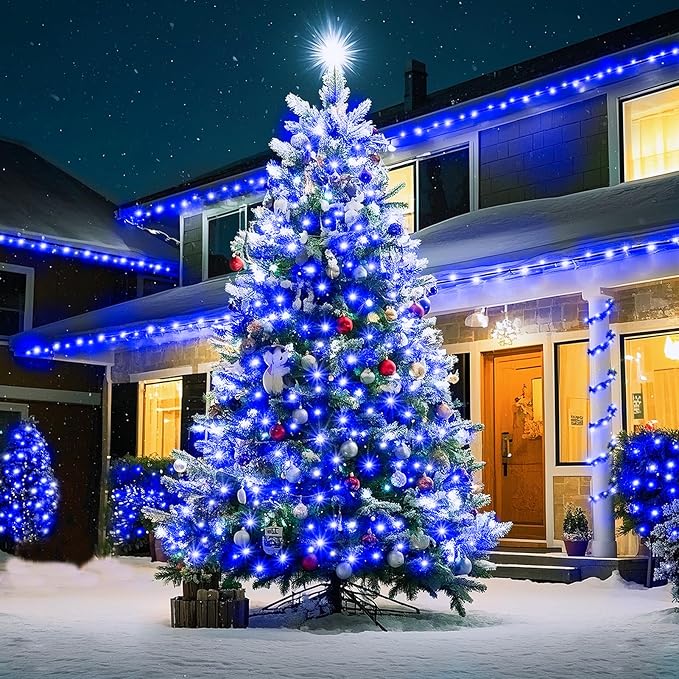 KNONEW 600FT 1500 LED Christmas String Lights Outdoor 8 Lighting Modes & Timer Dimmable Fairy Light Plug in Waterproof for Xmas Roof Yard Tree Wedding Party Holiday Decorations (Blue)