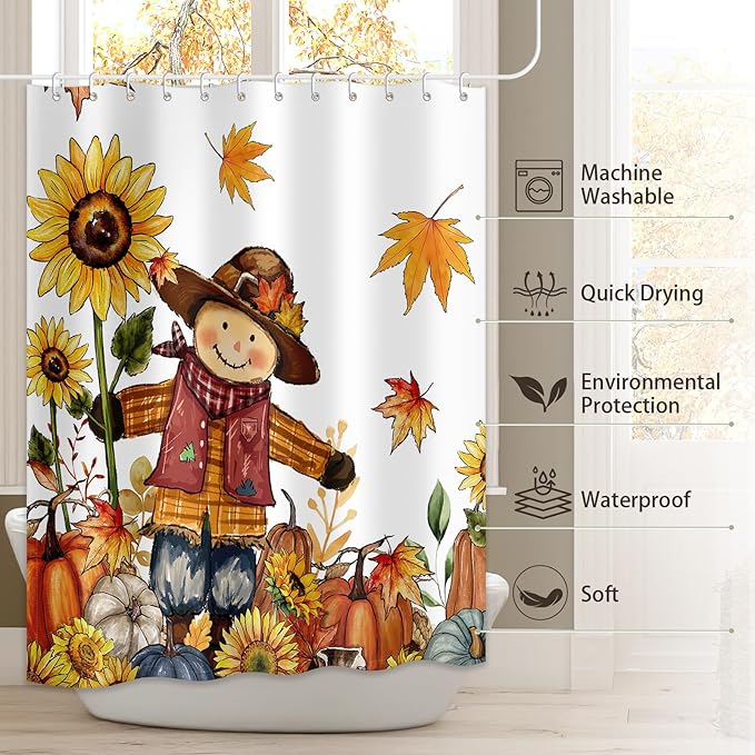 Scarecrow Pumpkin Harvest Shower Curtain, Autumn Thanksgiving Home Decor Fall Bathroom Curtain Set - 72x72 Inch Waterproof Polyester Fabric with Hooks