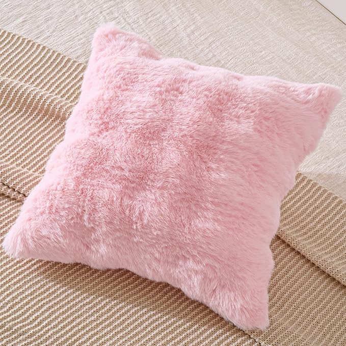 AmHoo Pack of 2 Throw Pillow Covers 3D Dense Faux Rabbit Fur Cozy Super Soft Fuzzy Set Case Cushion for Couch Sofa Bedroom 18 x 18-Inch Pink