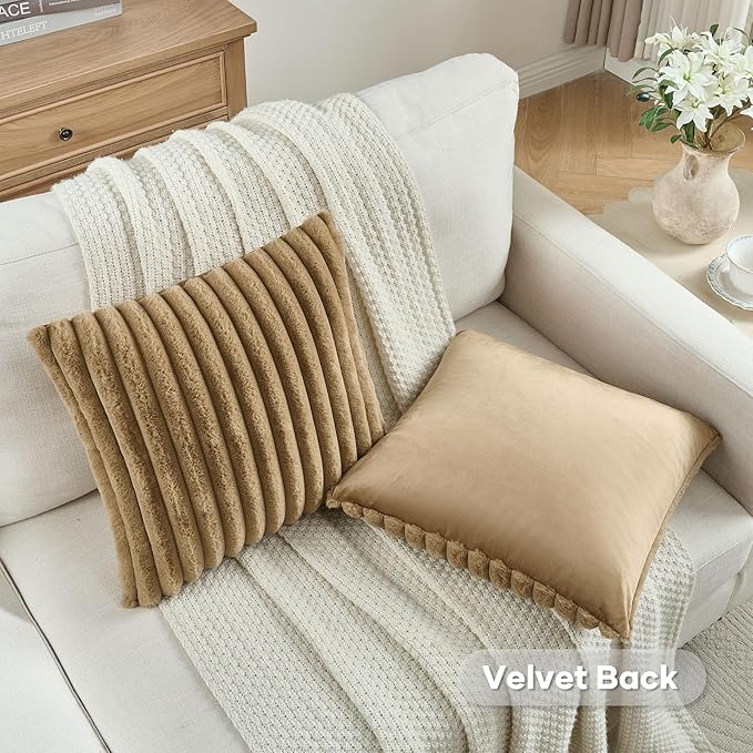 FUTEI Camel Striped Decorative Throw Pillow Covers 22x22 Inch Set of 2,Square Winter Decorations Couch Pillow Case,Soft Cozy Faux Rabbit Fur & Velvet Back,Modern Home Decor for Bed