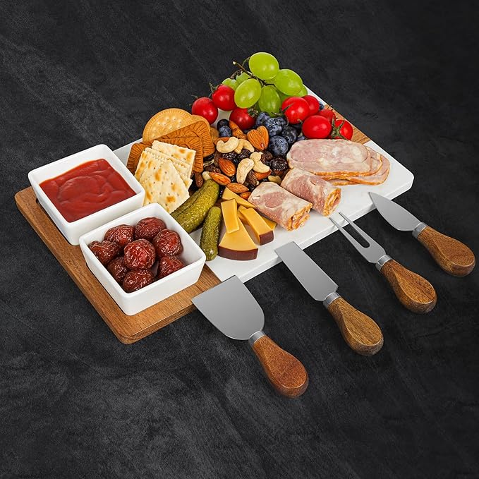 Marble Charcuterie Board, Charcuterie Boards, Cheese Boards, 13" Wood - Marble Cheese Board Set for House Warming Gifts New Home, Couples 2025, Bridal Shower, Hostess Gifts for Couple