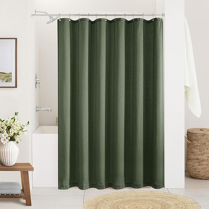 Olive Green Linen Shower Curtain 80 Inches Long Cloth Shower Curtain for Bathroom Boho Farmhouse Spring Decor Hotel Bathtub Water Repellent Extra Long 80 Inch Drapes Set with Hooks, 72x80