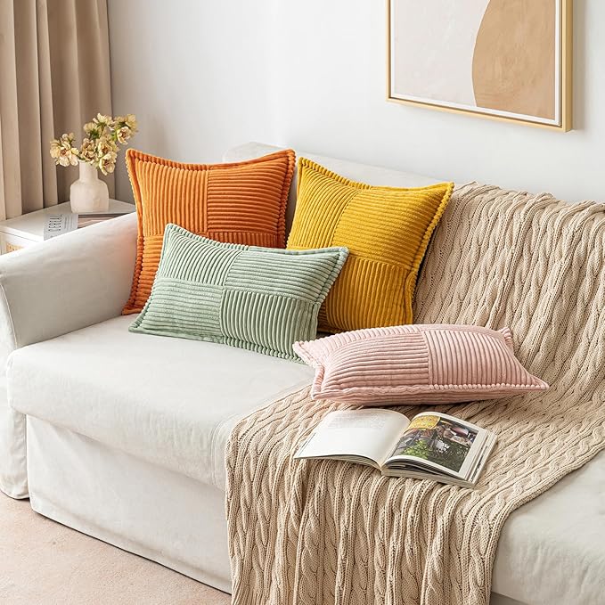 MIULEE Burnt Orange Fall Decorative Lumbar Throw Pillow Covers for Couch Bed Livingroom 12x20 Inch Set of 2 Boho Accent Throw Pllows Broadside Striped Patchwork Soft Corduroy Pillowcases