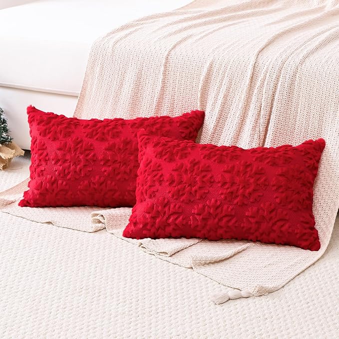 OTOSTAR Set of 2 Xmas Soft Plush Short Wool Velvet Decorative Throw Pillow Covers Rectangular Luxury Style Cushion Case Pillow Shell for Sofa Bedroom Snowflake Red, 16x24 Inch