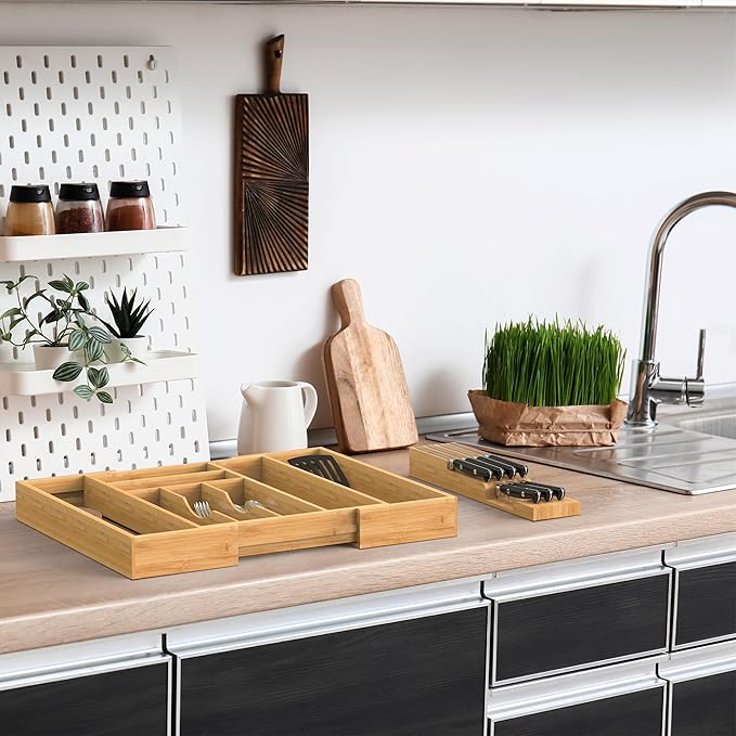 Bamboo Kitchen Drawer Organizer, Expandable Utensil Organizer with Removable Knife Block, Cutlery Tray Holder with Divider, Adjustable Silverware Organizer, Wood Tableware Dividers Storage
