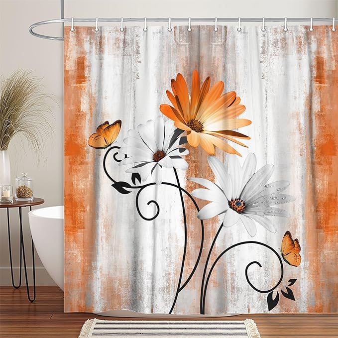 Rustic Farmhouse Shower Curtain, Farm Orange Daisy Floral Fall Flowers and Butterfly on Country Wooden Autumn Shower Curtain for Bathroom, Yellow Grey Gray Red Gold Curtain with 12PCS Hooks, 70X75IN