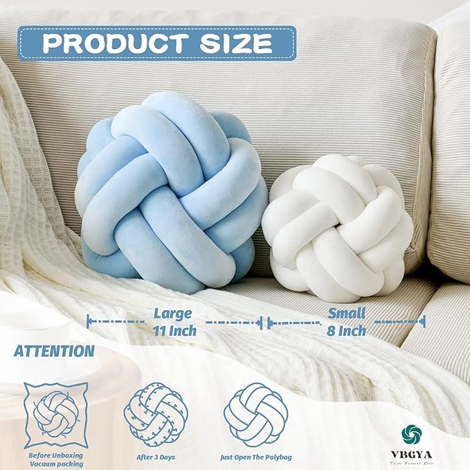 Knot Pillow Ball, Soft Decorative Throw Pillows Cushion, 11 Inch Round Plush Knotted Pillows Light Blue Pillow, Modern Home Throw Knot Decorative Cushion for Bedroom, Sofa, Couch