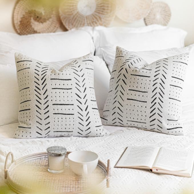 BlissBlush Off White Decorative Throw Pillow Covers 20X20, Set of 2, Boho Farmhouse Square Cushion Cover, Cozy Soft Accent Pillowcase for Couch Sofa Bed Living Room Home Décor