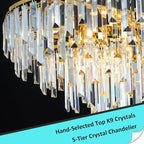 Gold Crystal Chandelier for Dining Room, 24" Modern Round Top K9 Crystal Chandeliers 5-Tier 8 Lights Adjustable Ceiling Hanging Pendant Light Fixture for Living Room Bedroom Foyer