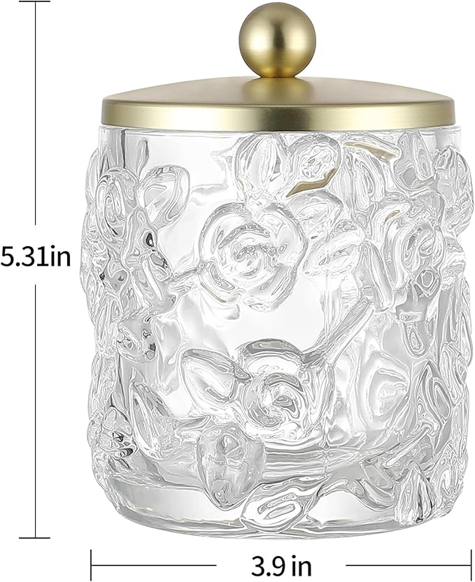 Home Glass Cotton Jar Holder Matte Gold Lid, Elegant Bathroom Storage Canister for Qtips, Cotton Balls, Floss, Makeup Organizer, Vanity Bathroom Organization