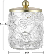 Home Glass Cotton Jar Holder Matte Gold Lid, Elegant Bathroom Storage Canister for Qtips, Cotton Balls, Floss, Makeup Organizer, Vanity Bathroom Organization