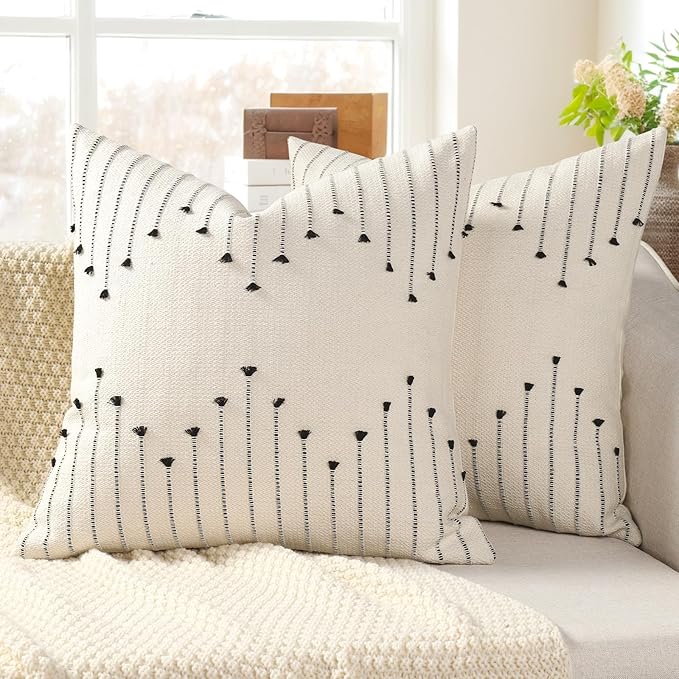 YCOLL Boho Throw Pillow Covers 20x20 Set of 2 Neutral Woven Decorative Pillowcases Cotton Tufted Couch Pillows Modern Farmhouse Accent Cushion Covers for Sofa Couch Bed Living Room Home Decor, Black