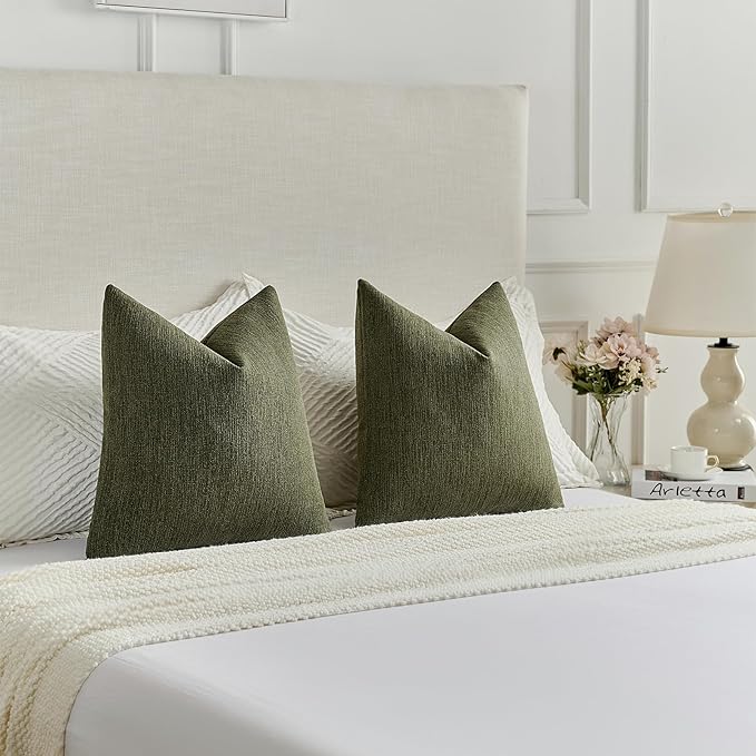 FUTEI Moss Green Chenille Decorative Throw Pillow Covers 26x26 Inch Set of 2,Soft Cozy Faux Linen Textured Euro Pillow Shams,Farmhouse Home Decor for Couch Living Room