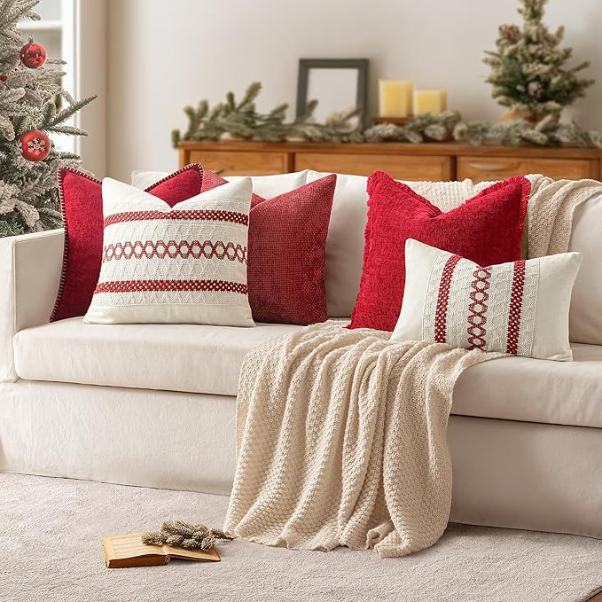 MIULEE Set of 2 Christmas Red Boho Decorative Lumbar Pillow Covers 12x20 Inch Farmhouse Rustic Couch Throw Pillows Modern Cotton Cushion Covers Retro Cute Macrame Woven Home Decor for Bed Sofa Chair