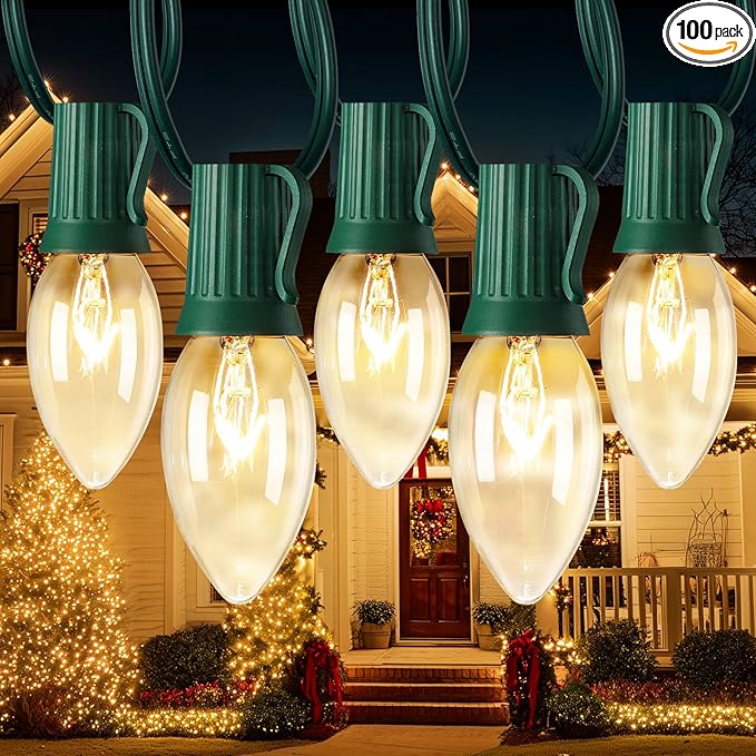 C9 Clear Christmas String Lights, 100 Feet Waterproof Vintage Christmas Tree Lights, Outdoor Roofline String Lights with 100 Clear Bulbs for Patio Garden Holiday Indoor Home Decoration, Green Wire