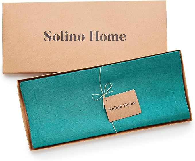 Solino Home Linen Teal Table Runner 120 Inches Long - 100% Pure Linen 14 x 120 Inch Table Runner for Dining, Fall, Autumn - Fete, Handcrafted and Machine Washable