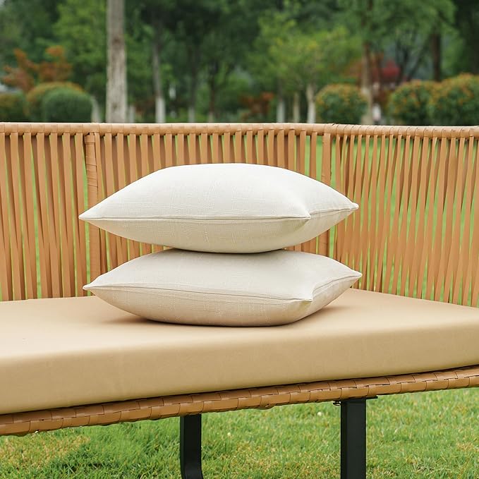 NiNi ALL Pack of 2 Decorative Outdoor Waterproof Pillow Covers Square Linen Textured Garden Cushion Sham Throw Pillowcase Set of 2 for Patio Farmhouse Garden Tent Couch 18x18 Inch Beige