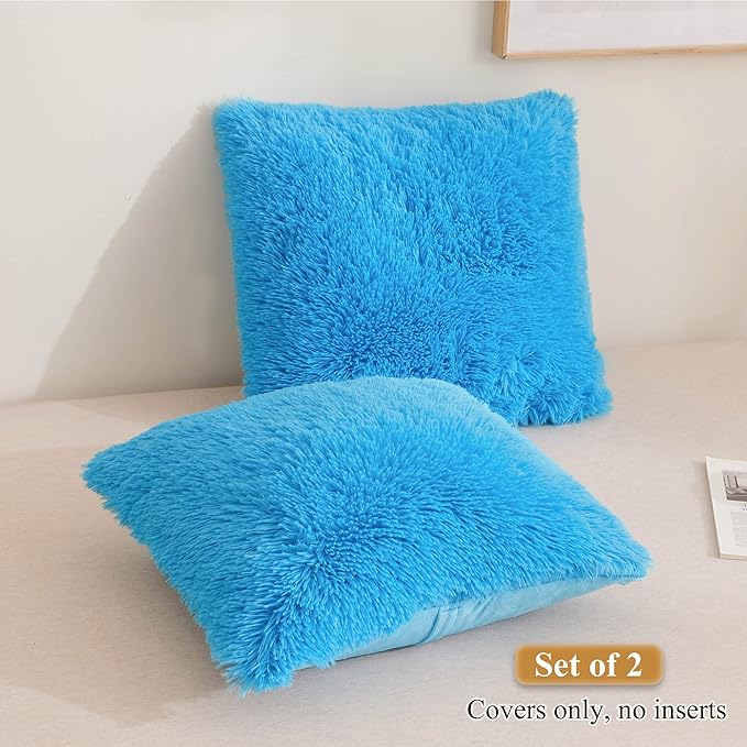 XeGe Faux Fur Throw Pillow Covers, Luxury Fluffy Plush Blue Pillow Shams, Shaggy Furry Decorative Pillow Fuzzy Cushion Cover for Sofa Bed Couch, Zipper Closure, Pack of 2(18''x18'', Blue)