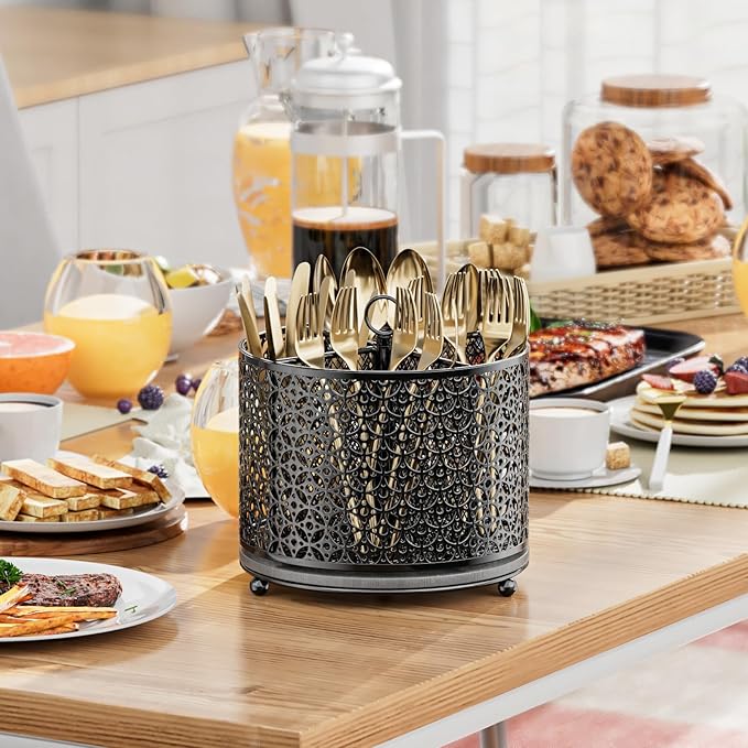 360° Rotating Utensil Holder Caddy - Fast-Drying Silverware Flatware Organizer - 4 Compartment Large Cutlery Holder with Handle For Kitchen Countertop Party Office Picnic Table Black