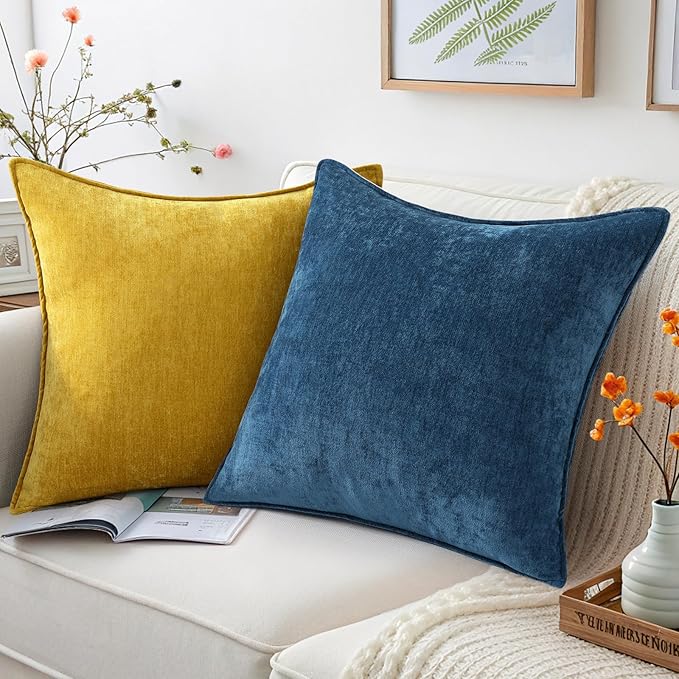 decorUhome Couch Throw Pillow Covers 22x22 Set of 2, Decorative Soft Euro Neutral Chenille Pillow Covers with Elegant Design for Sofa Bed Living Room Home Decor, Poseidon