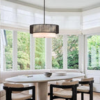 19" Black Rattan Chandeliers Vintage Farmhouse Hand-Woven Wicker Light Fixtures with Bamboo Chandelier Light Fixture Fabric Shade Boho Rattan Hanging Light for Dining Room,Bedroom,Entryway