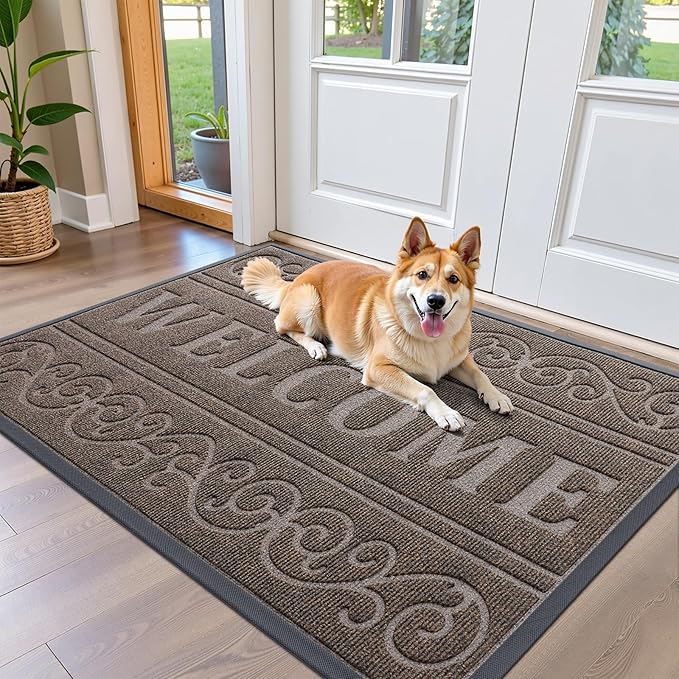 OLANLY Welcome Door Mat Indoor Outdoor Entrance, Heavy Duty Sturdy Front Door Mat, Waterproof All-Weather Doormat, Stain Resistant, Low Profile, Easy Clean Patio Entryway Mat, 47 x 32, Brown